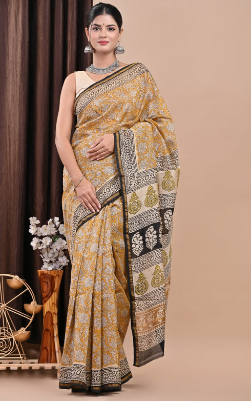 Floral Jaal Bagru Print Chanderi Silk Saree (CHSAR27)